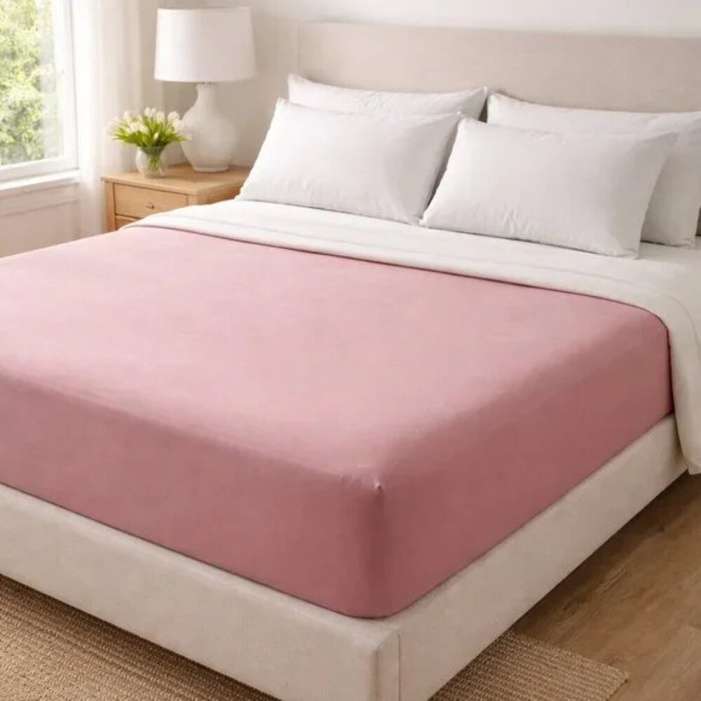 USA Basics King Fitted Sheet Pink Cotton Blend No Iron Vintage NOS